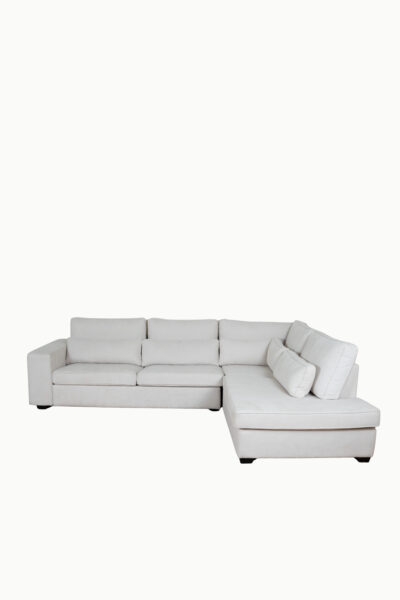 Canapé d’angle Bolton en tissu chenille, grand modèle clair avec méridienne, style moderne et confortable