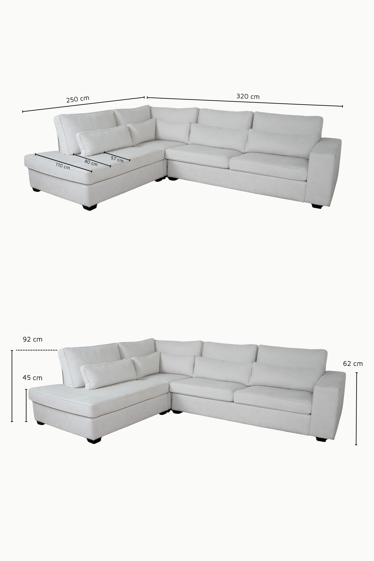 Canapé d’angle Bolton en tissu chenille, grand modèle clair avec méridienne, style moderne et confortable