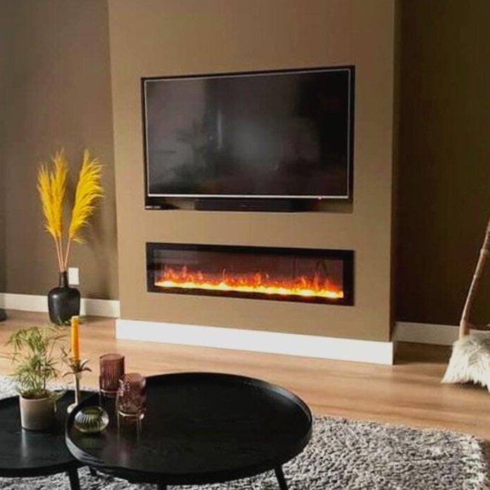 Meuble TV avec cheminée décorative coloris chêne et noir collection