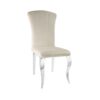 Image de Chaise design Louis Velours antitache Beige Pieds inoxydable Argentés sur fond blanc. Chaise de salle à manger ou de bureau