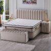 Photo de lit coffre Prada tissu en velours antitache beige. Lit double avec rangement pratique.