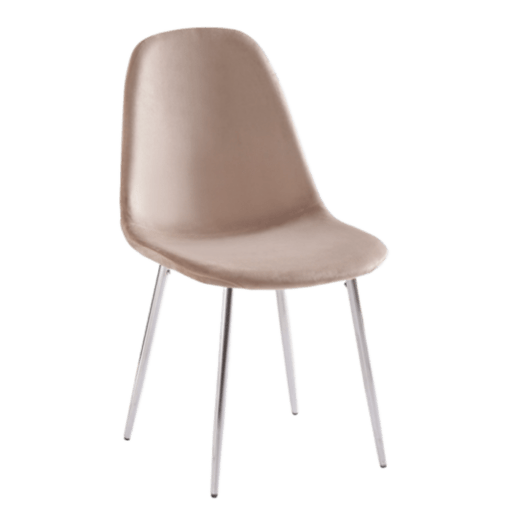 Image de chaise scandinave de salle à manger taupe tissu velours antitaches pieds acier inoxydable maison des meubles