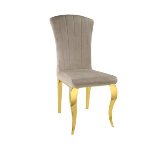 image de Chaise design Louis Velours antitache Moka Pieds inoxydable Dorés sur fond blanc. Chaise de salle à manger ou de bureau