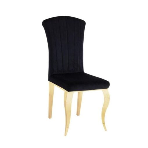 Image de Chaise design Louis Velours antitache Noir Pieds inoxydable Dorés sur fond blanc. Chaise de salle à manger ou de bureau
