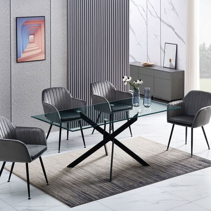 Table à manger concise avec 6 chaises, petit appartement, meubles de  maison, pieds en acier, finition noire, table de cuisine rectangulaire