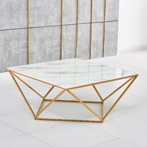 Photo de table basse alina verre trempé effet marbre blanc pieds dorés