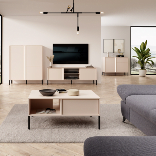 Commode Darius beige avec rangement pieds noir salon design mélaminé maison des meubles