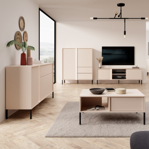 Commode Darius beige avec rangement pieds noir salon design mélaminé maison des meubles