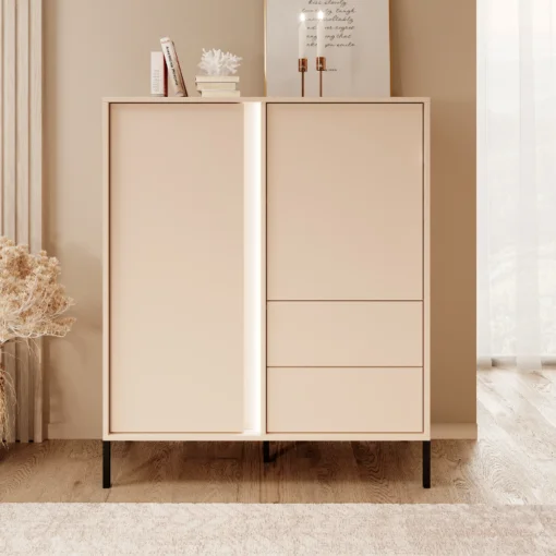 Commode Darius beige avec rangement pieds noir salon design mélaminé maison des meubles