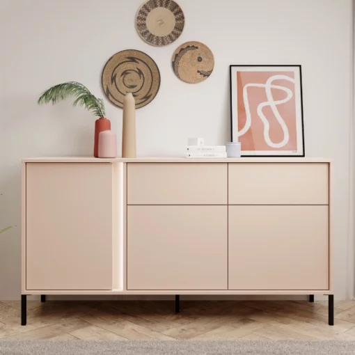 Commode Darius beige avec rangement pieds noir salon design mélaminé maison des meubles