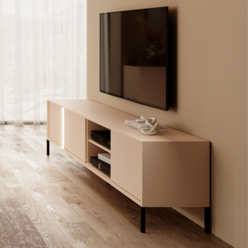 Meuble TV Darius beige avec rangement pieds noir salon design mélaminé maison des meubles
