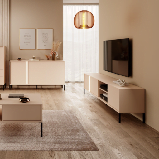 Meuble TV Darius beige avec rangement pieds noir salon design mélaminé maison des meubles