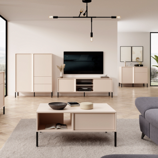 Table basse Darius beige avec tiroir et rangement pieds noir salon design mélaminé maison des meubles