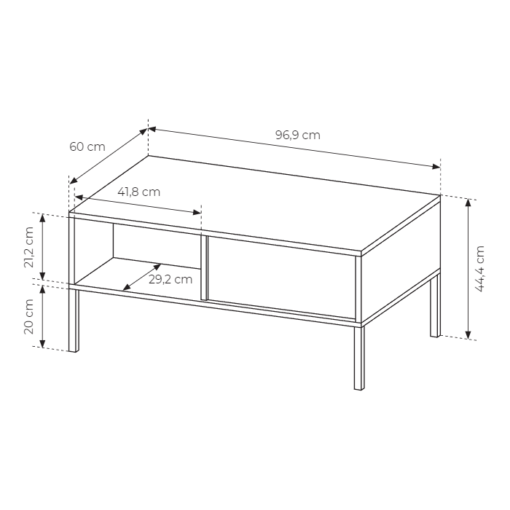 Dimensions Table basse Darius beige avec tiroir et rangement pieds noir salon design mélaminé maison des meubles