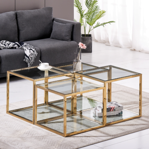 Table basse Quatro salon design Verre Transparent Pieds inoxydable dorés maison des meubles