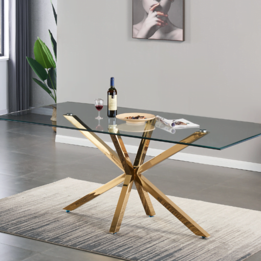 Table à manger Terni Rectangle Verre Transparent Pieds inoxydable dorés maison des meubles