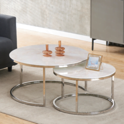 Photo de table basses gigognes ronde Jack verre trempé effet marbre pieds acier inoxydable Maison des Meubles