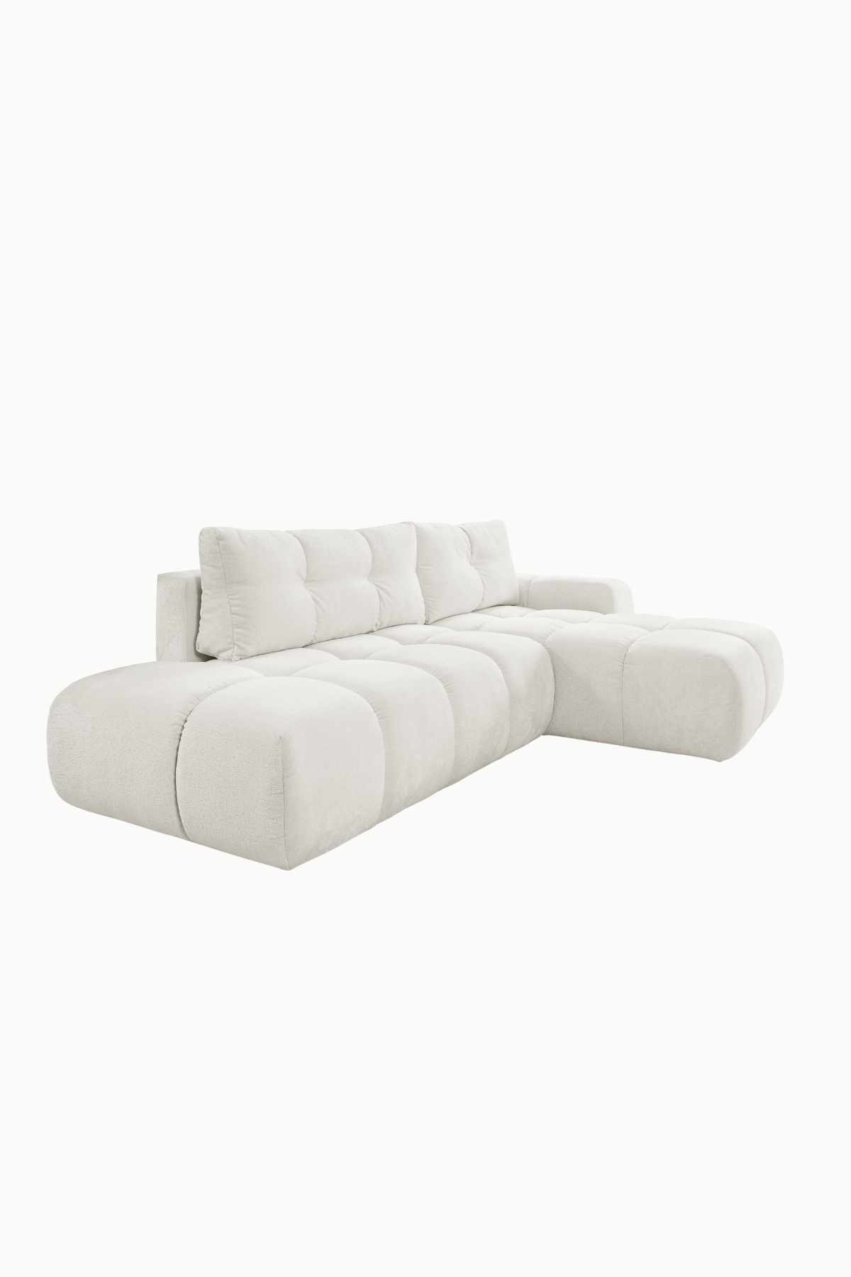 canapé bubble coffre convertible en tissu chenille écru, modèle avec assise capitonnée et forme arrondie