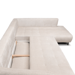 Image de canapé d'angle convertible coffre Kamelia tissu velours antitaches beige sur fond blanc