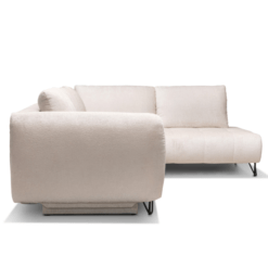 Image de canapé d'angle convertible coffre Kamelia tissu velours antitaches beige sur fond blanc
