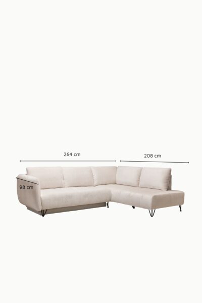 canapé d'angle Kamelia en tissu chenille, avec accoudoirs design, modèle convertible avec coffre de rangement