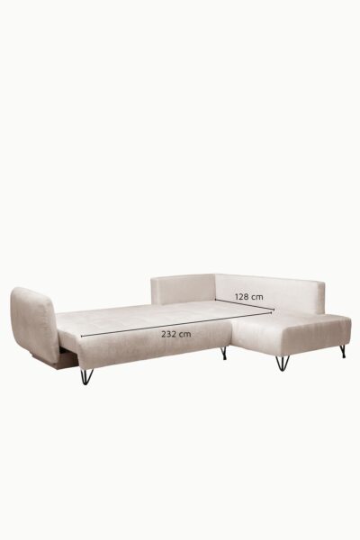 canapé d'angle Kamelia en tissu chenille, avec accoudoirs design, modèle convertible avec coffre de rangement