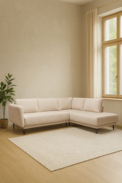 canapé d'angle Kamelia en tissu chenille, avec accoudoirs design, modèle convertible avec coffre de rangement