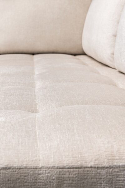 canapé d'angle Kamelia en tissu chenille, avec accoudoirs design, modèle convertible avec coffre de rangement