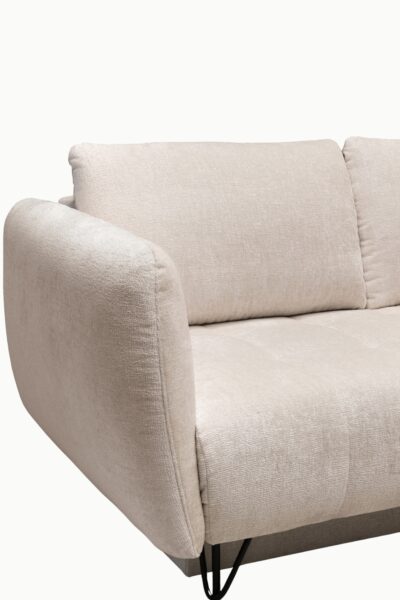 canapé d'angle Kamelia en tissu chenille, avec accoudoirs design, modèle convertible avec coffre de rangement