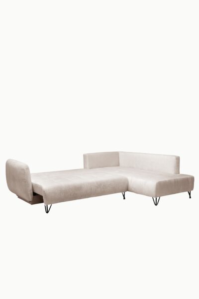 canapé d'angle Kamelia en tissu chenille, avec accoudoirs design, modèle convertible avec coffre de rangement