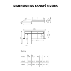 Image de canapé d'angle Riveira tissu velours beige sur fond blanc schéma