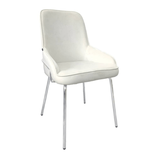 Image de chaise Anna de salle à manger beige tissu velours antitaches pieds acier inoxydable argenté chez maison des meubles