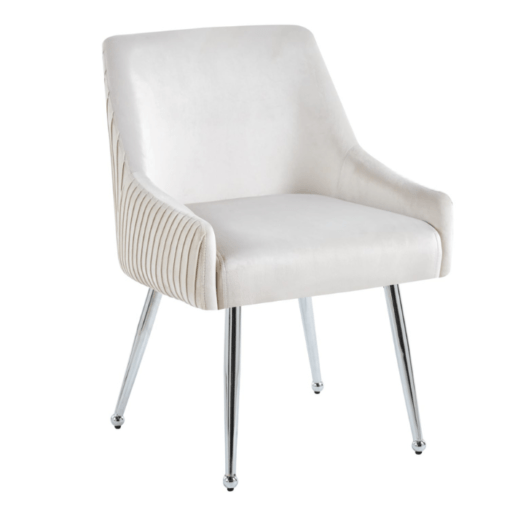 Image de chaise Léon de salle à manger beige tissu velours antitaches pieds argenté acier inoxydable chez maison des meubles