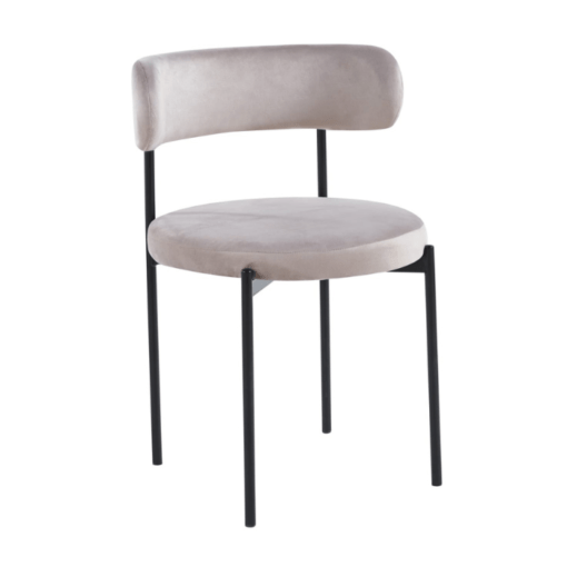 Image de chaise Soho de salle à manger beige tissu velours antitaches taupe pieds acier inoxydable chez maison des meubles