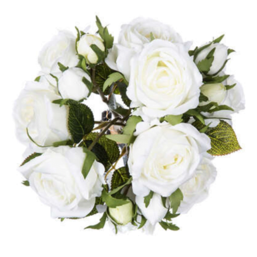 Image du bouquet de 14 roses blanches artificielles hauteur 40 cm vue du dessus