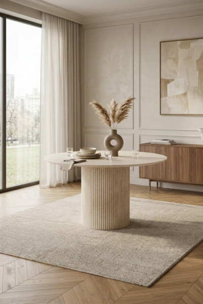 table a manger effet travertin, pieds striés, style japandi, style minimaliste