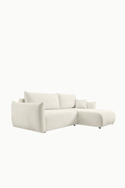 Canapé d’angle Allia convertible avec coffre de rangement, revêtement laine bouclée écru