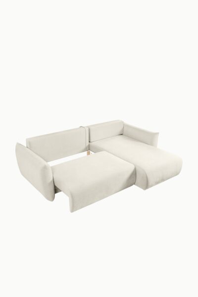 Canapé d’angle Allia convertible avec coffre de rangement, revêtement laine bouclée écru