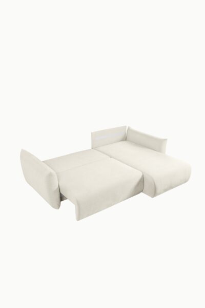 Canapé d’angle Allia convertible avec coffre de rangement, revêtement laine bouclée écru