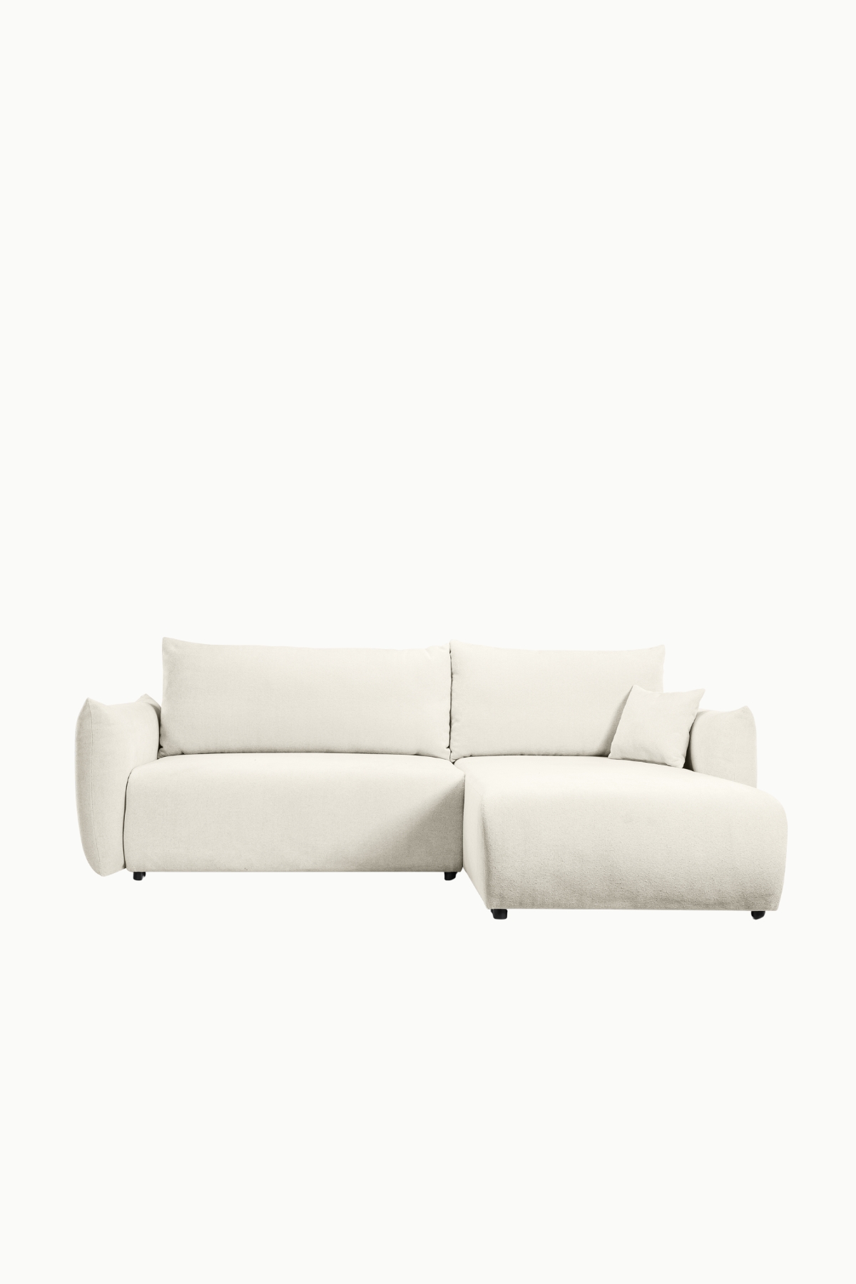 Canapé d’angle Allia convertible avec coffre de rangement, revêtement laine bouclée écru