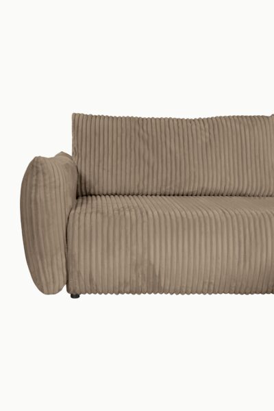 Canapé Allia marron en velours côtelé, modèle d’angle avec coffre discret et fonction convertible.
