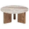 Table basse COPPA, plateau marbre beige, pieds bois de manguier