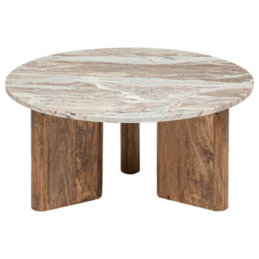 Table basse COPPA, plateau marbre beige, pieds bois de manguier