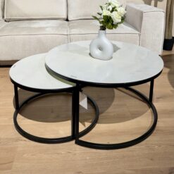 Tables basses gigogne plateau marbré cream, pieds métal noir