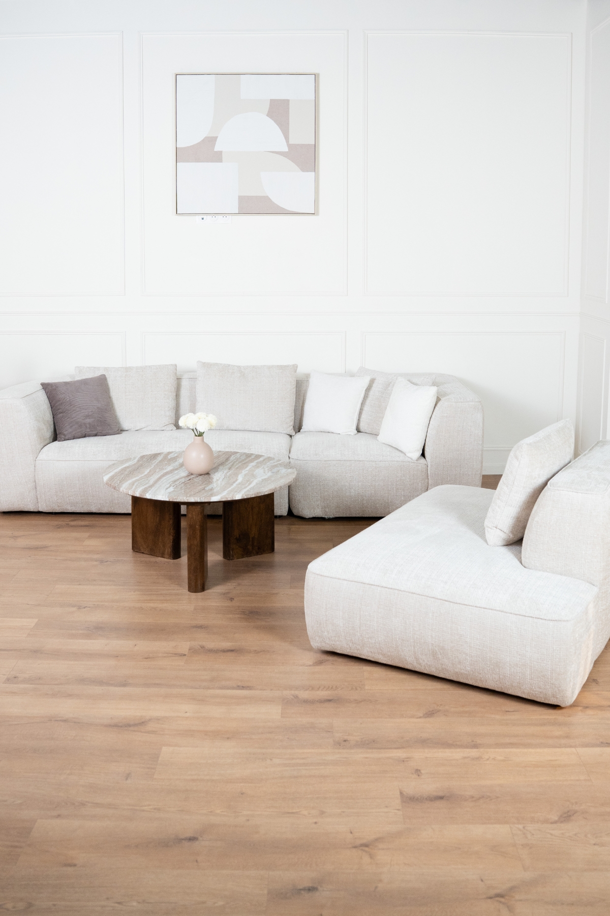 canapé modulable Mood en tissu chenille, avec méridienne, formes contemporaines et assises larges