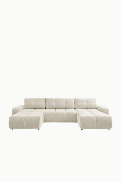 Canapé panoramique bubble en tissu chenille, assises capitonnées et forme généreuse