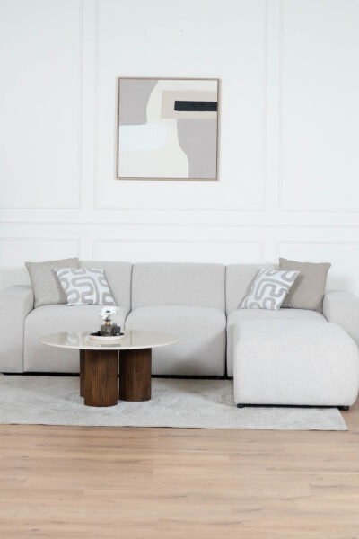 canapé modulable Lucie XS en tissu chenille antitache et déperlant, vue latérale avec pouf assorti