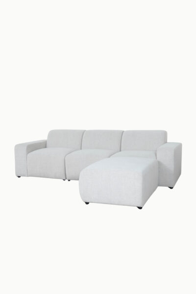 canapé modulable Lucie XS en tissu chenille antitache et déperlant, avec pouf assorti à l’avant.