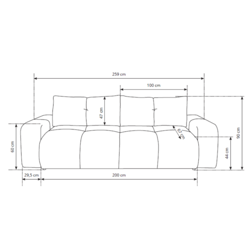 Dimensions Canapé Bubble convertible 4 places, tissu chenille écru