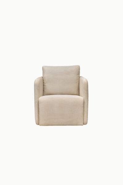 fauteuil Alan en velours côtelé, forme arrondie moderne et assise confortable